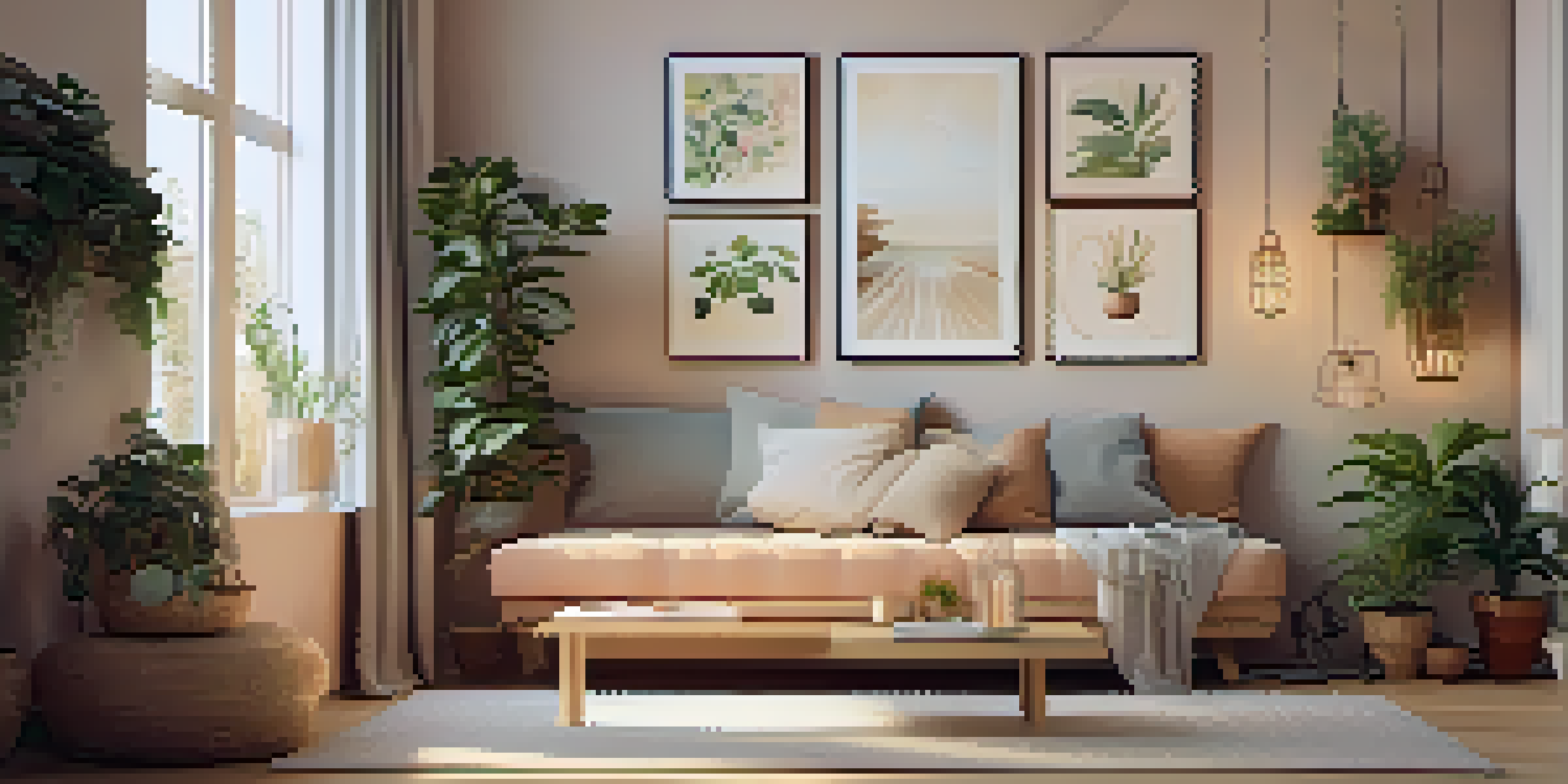A peaceful meditation corner with soft cushions and calming decor, surrounded by plants and candles.