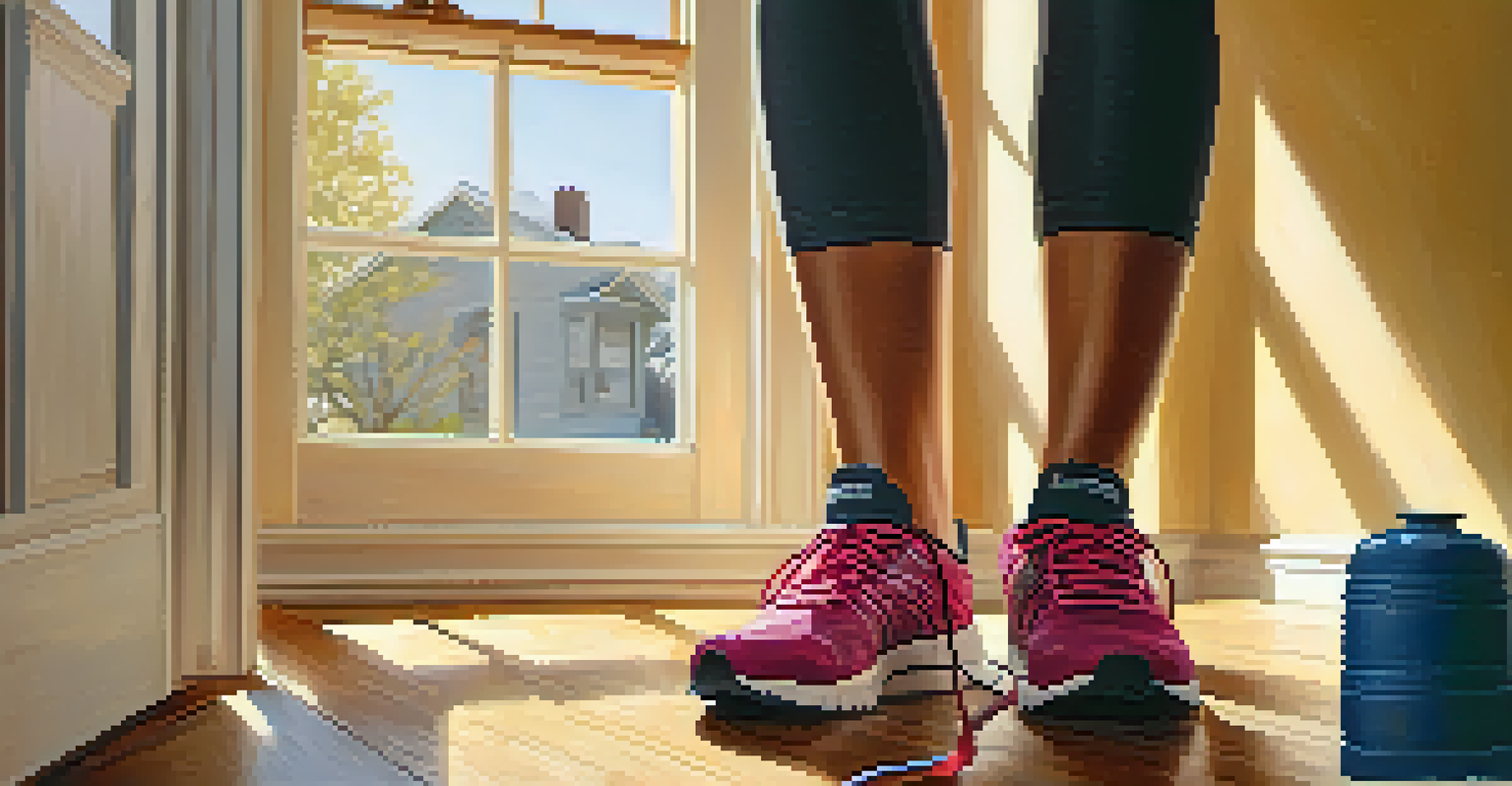 A focused individual preparing for a run by tying their shoes in a bright and inviting home environment.