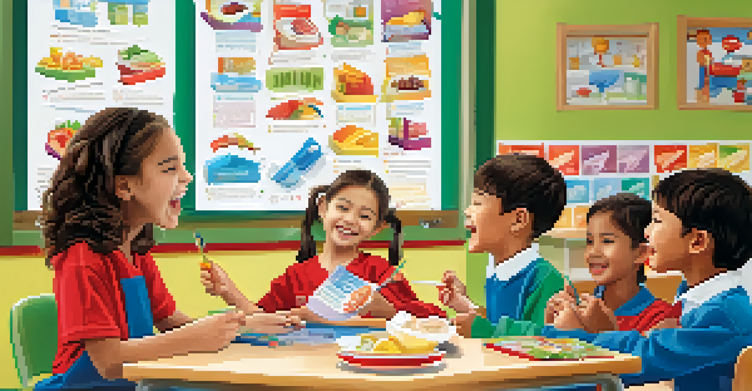 A teacher educating children about oral health in a colorful classroom.