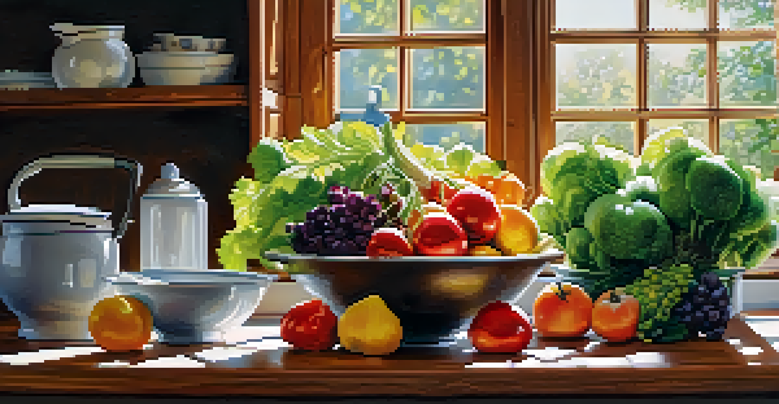 A cozy kitchen with fresh ingredients on a wooden countertop, illuminated by soft sunlight, promoting a sense of mindfulness in cooking.