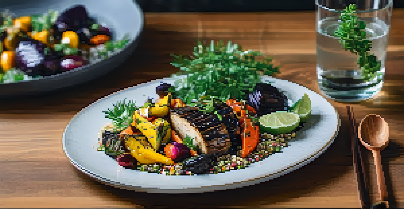 A plant-based meal artfully presented on a wooden table, with vibrant roasted vegetables and quinoa, under soft natural lighting.