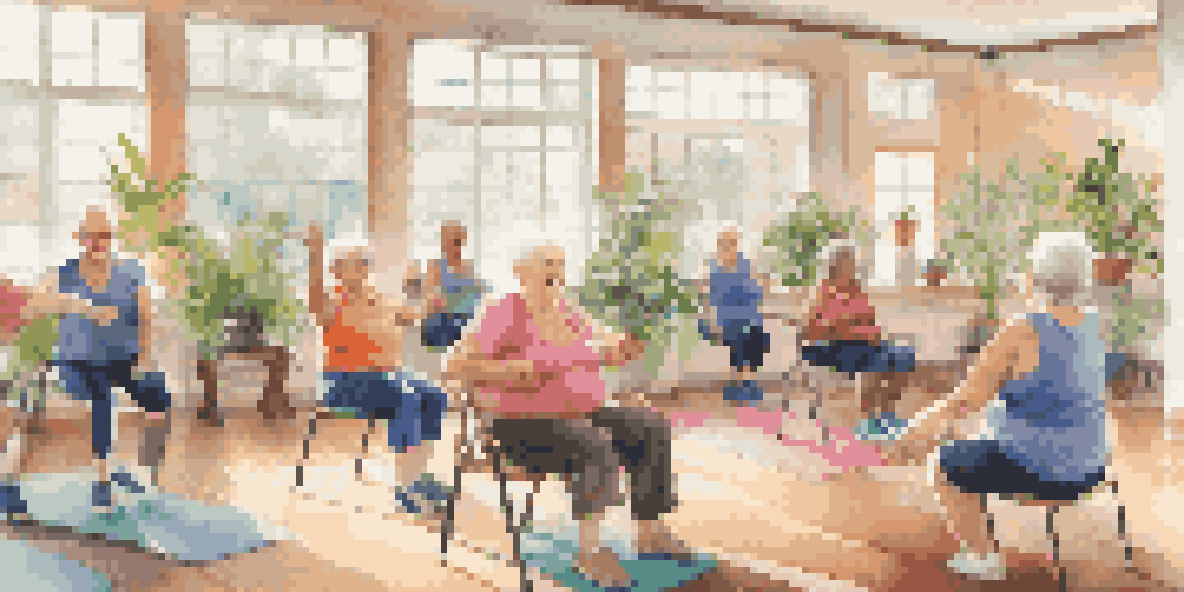 A group of seniors participating in a cheerful chair exercise class, surrounded by a bright and welcoming environment.