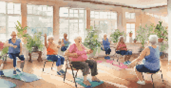 A group of seniors participating in a cheerful chair exercise class, surrounded by a bright and welcoming environment.