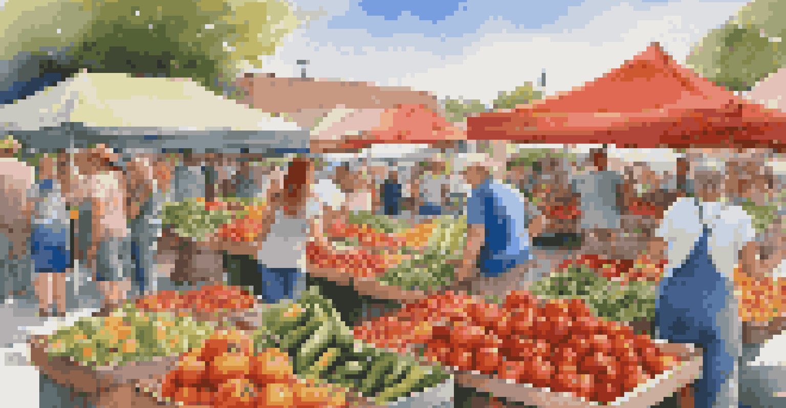 A bustling farmers' market with families selecting seasonal fruits and vegetables.
