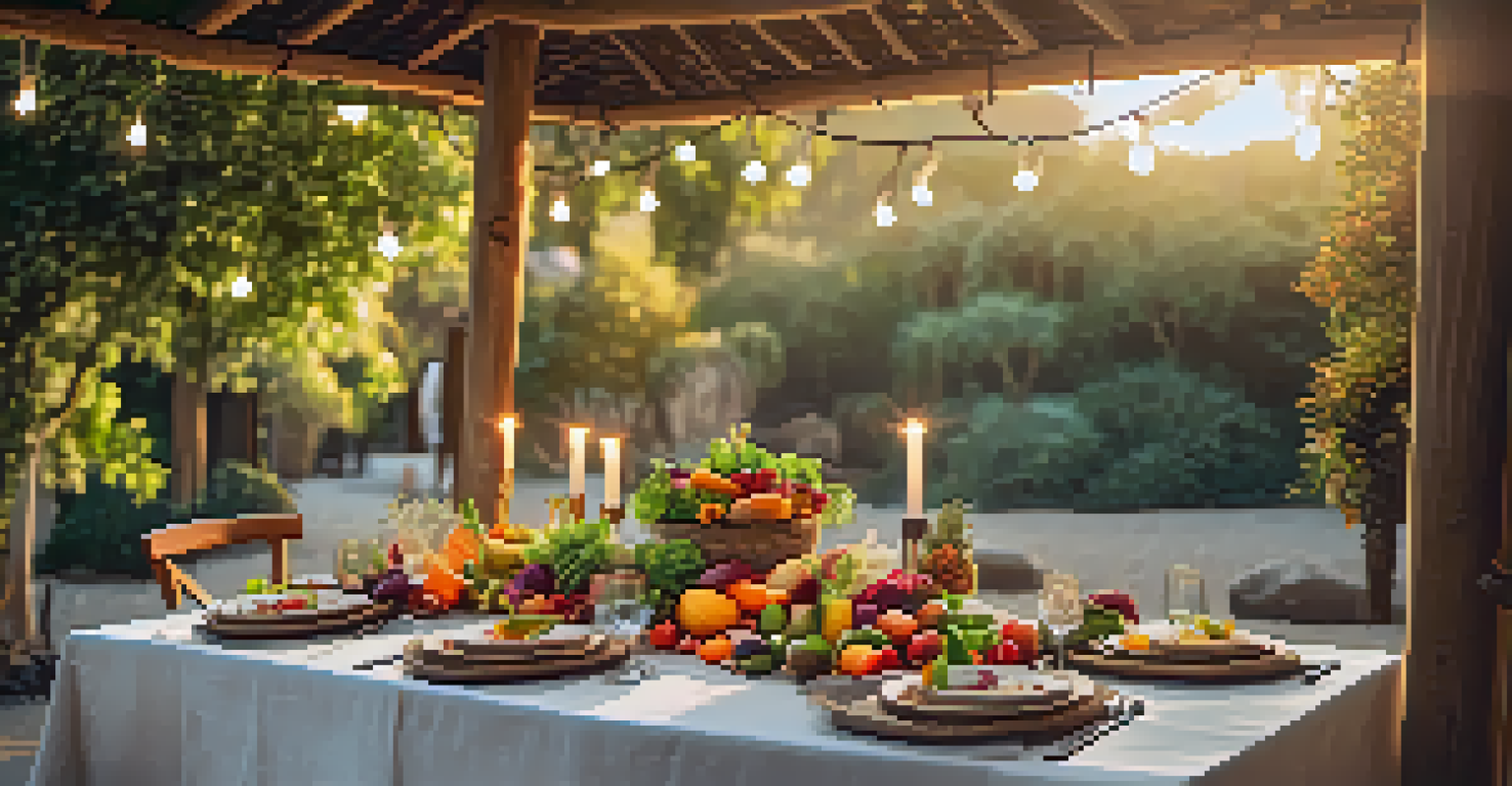 An outdoor dining table at a wellness retreat with vibrant healthy dishes, set under trees at sunset.