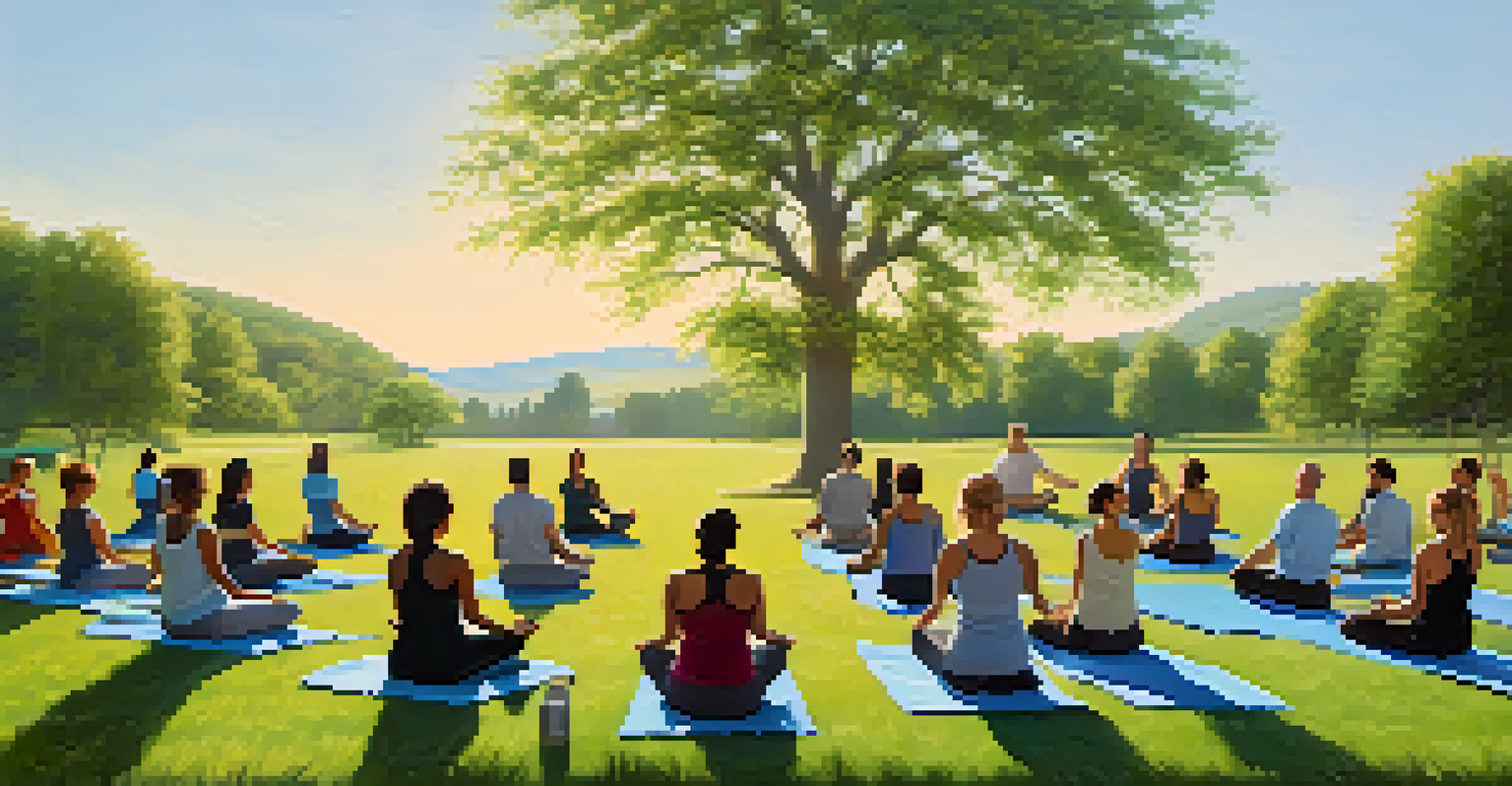 Employees practicing yoga outdoors in a sunny park, led by an instructor, with trees and blue skies creating a peaceful atmosphere.