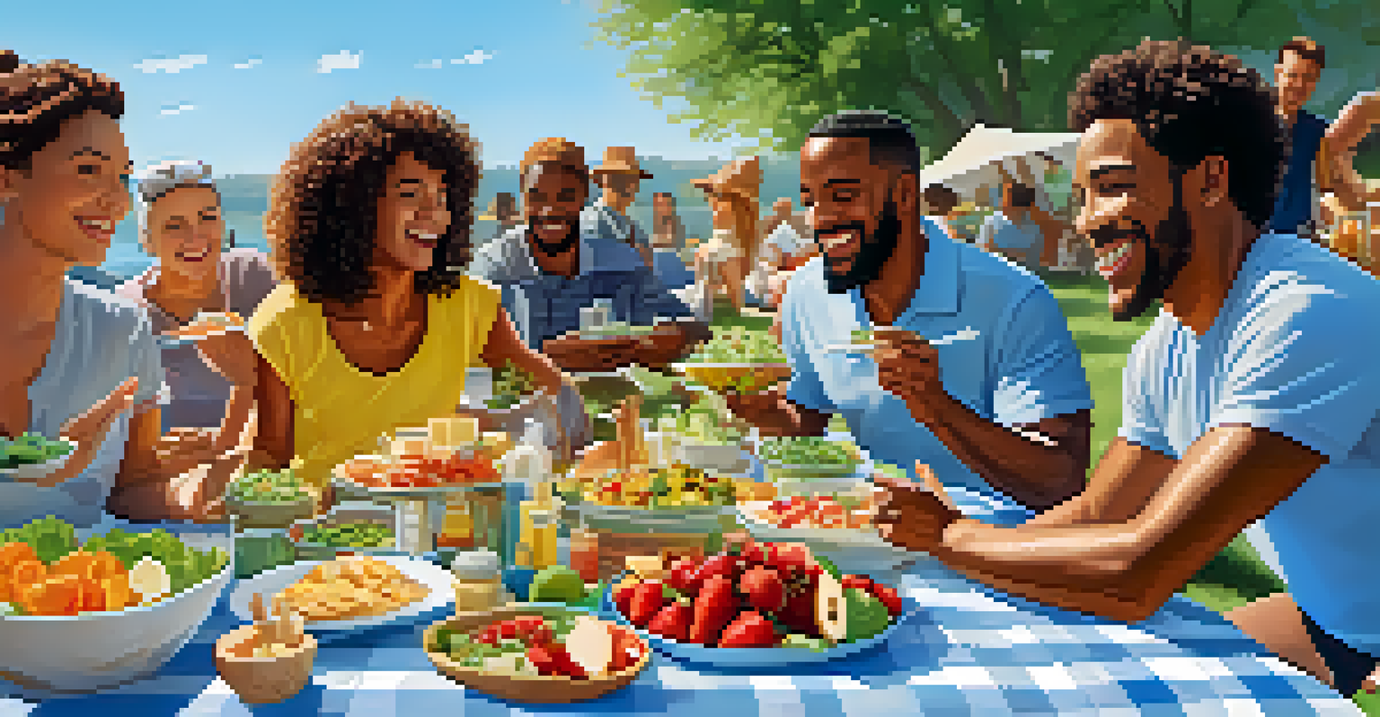 A joyful outdoor picnic with people enjoying allergen-free food, surrounded by nature.