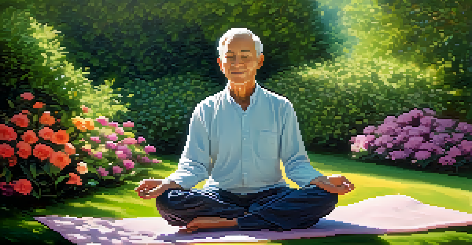 An older adult meditating in a lush garden, surrounded by colorful flowers, with sunlight illuminating the peaceful scene.