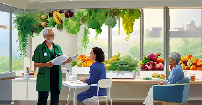 A healthcare professional explaining nutrition to an elderly woman in a bright clinic filled with plants.