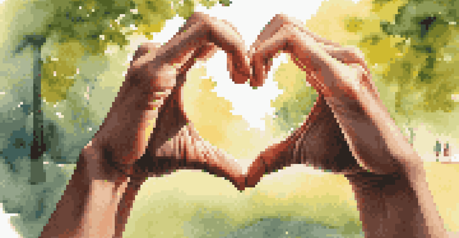 Two hands forming a heart shape in a peaceful park setting, symbolizing emotional connection and active listening.