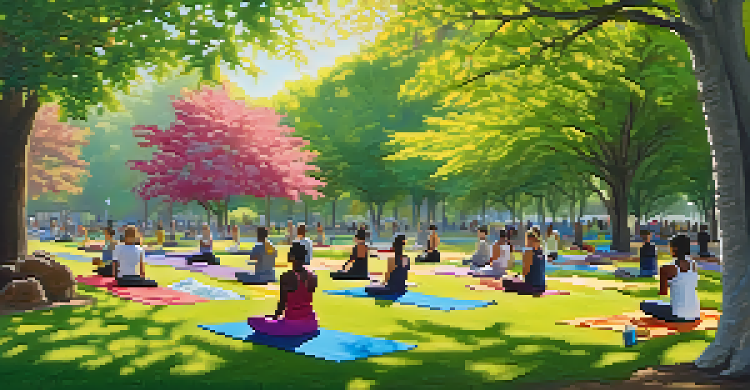 A group of diverse individuals practicing yoga in a sunny park, surrounded by trees and blooming flowers, representing wellness.