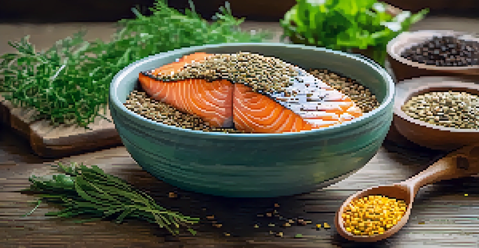 A close-up view of a bowl filled with salmon, walnuts, flaxseeds, and chia seeds, placed on a wooden table with herbs and flaxseed oil.
