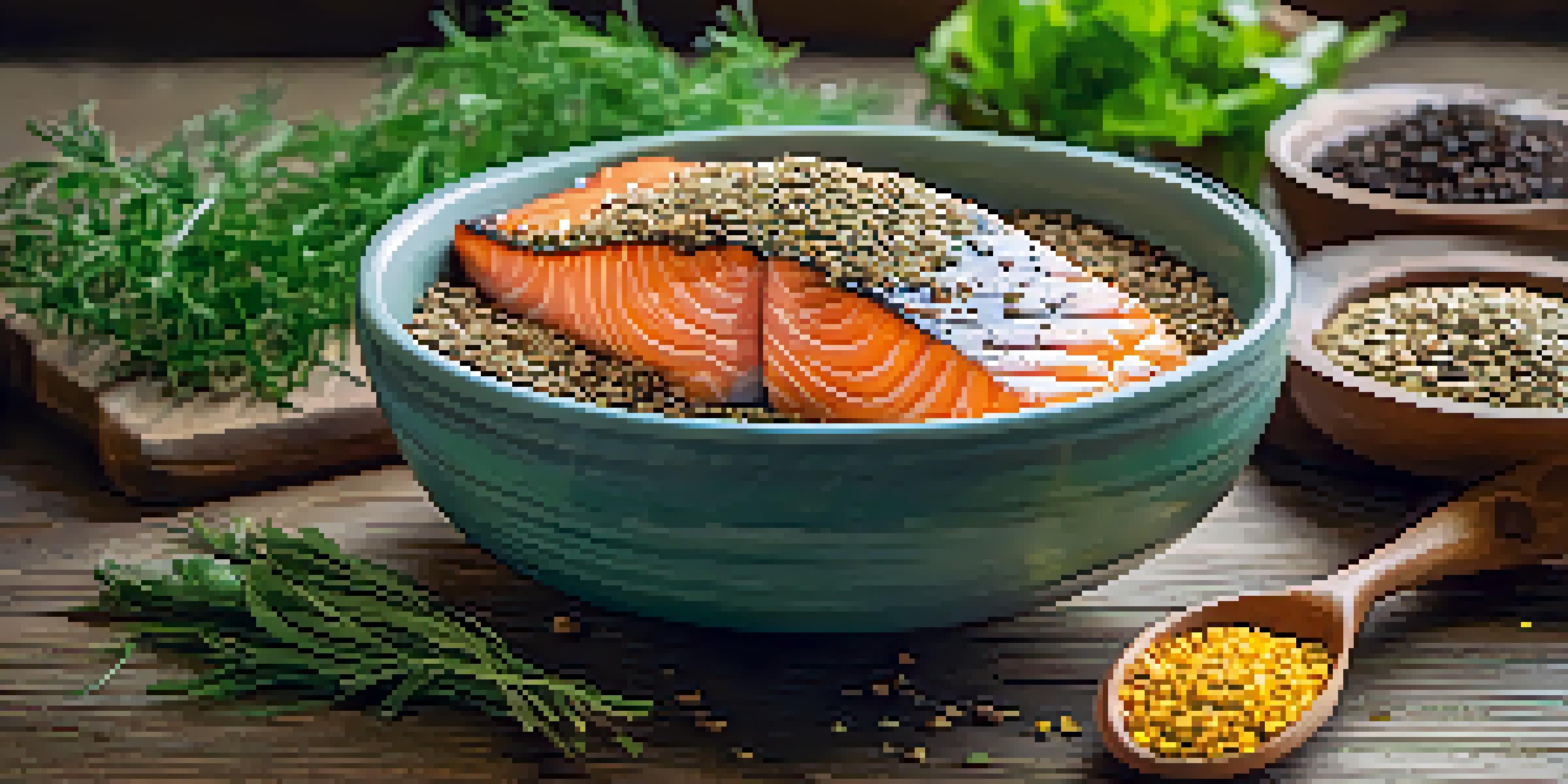 A close-up view of a bowl filled with salmon, walnuts, flaxseeds, and chia seeds, placed on a wooden table with herbs and flaxseed oil.