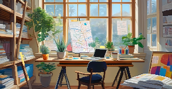 A cozy workspace with a wooden desk covered in colorful mind maps and a potted plant, with natural light streaming in through a window.