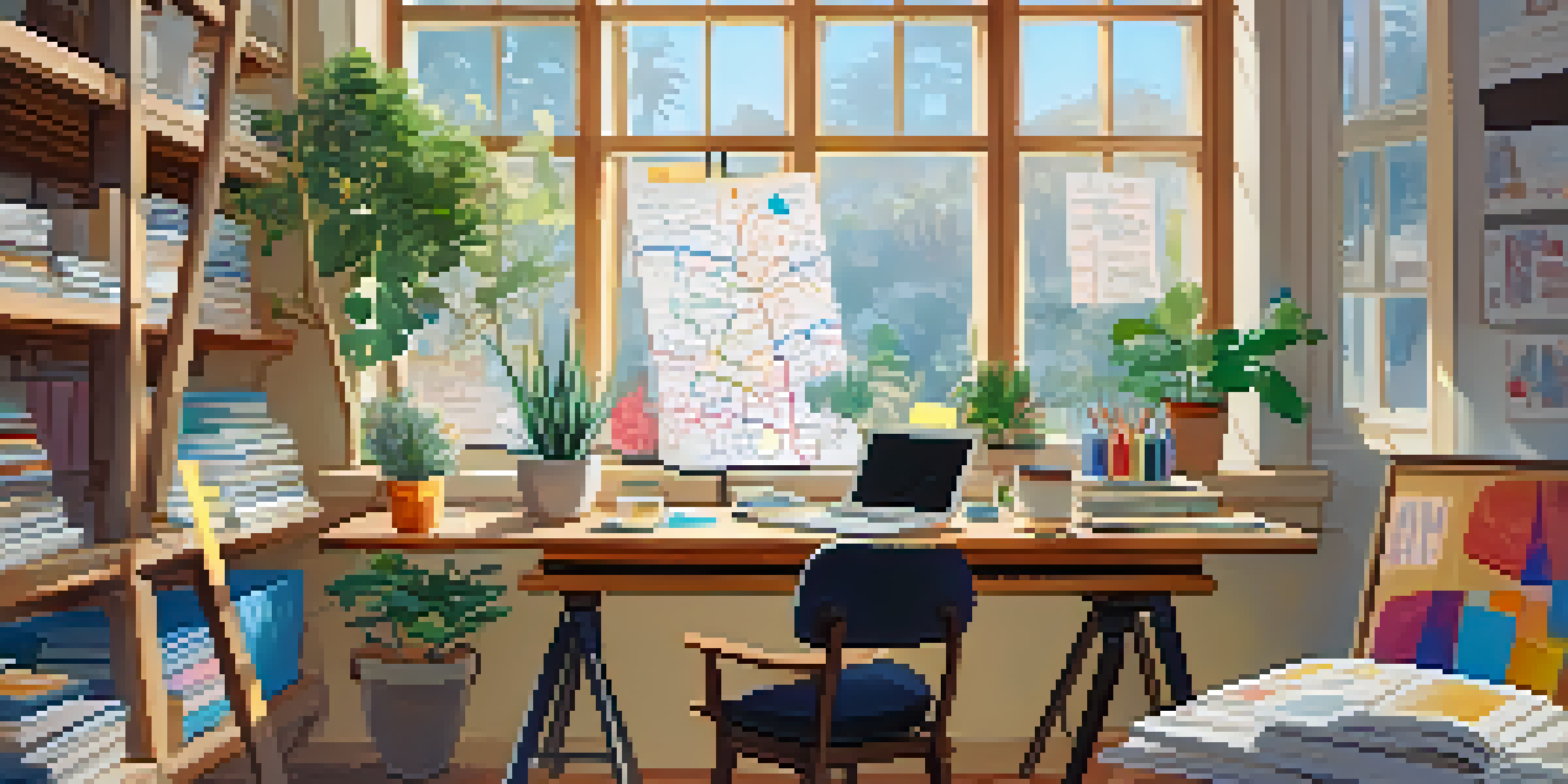 A cozy workspace with a wooden desk covered in colorful mind maps and a potted plant, with natural light streaming in through a window.