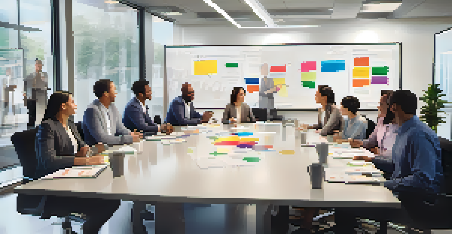A team meeting with employees sharing positive feedback, smiling around a conference table, with a whiteboard filled with ideas.