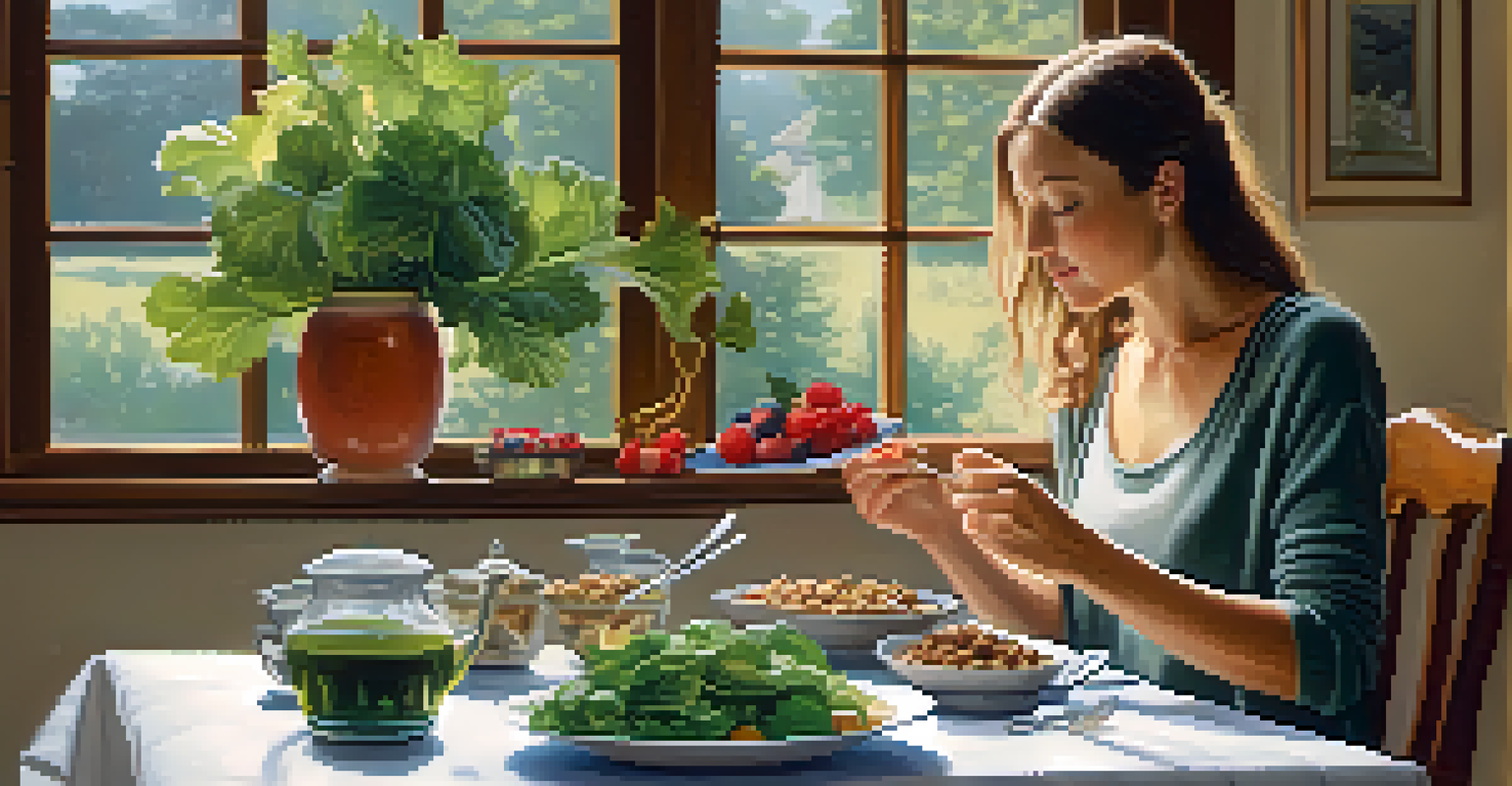 A person enjoying a mindful meal at a table, surrounded by whole foods and a cup of herbal tea in a tranquil setting.