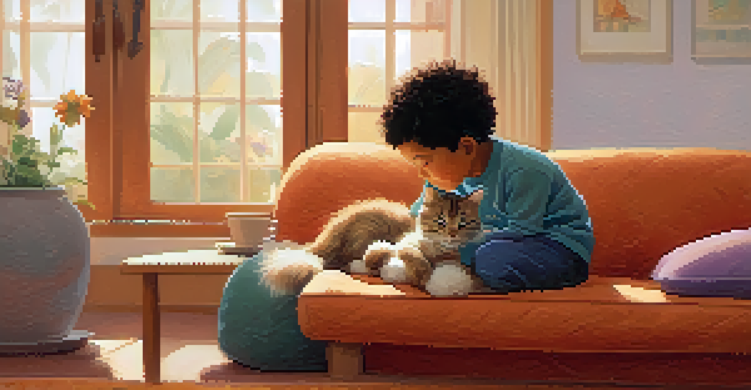 A child petting a fluffy cat on a therapy couch, with a therapist nearby and a warm, inviting atmosphere.