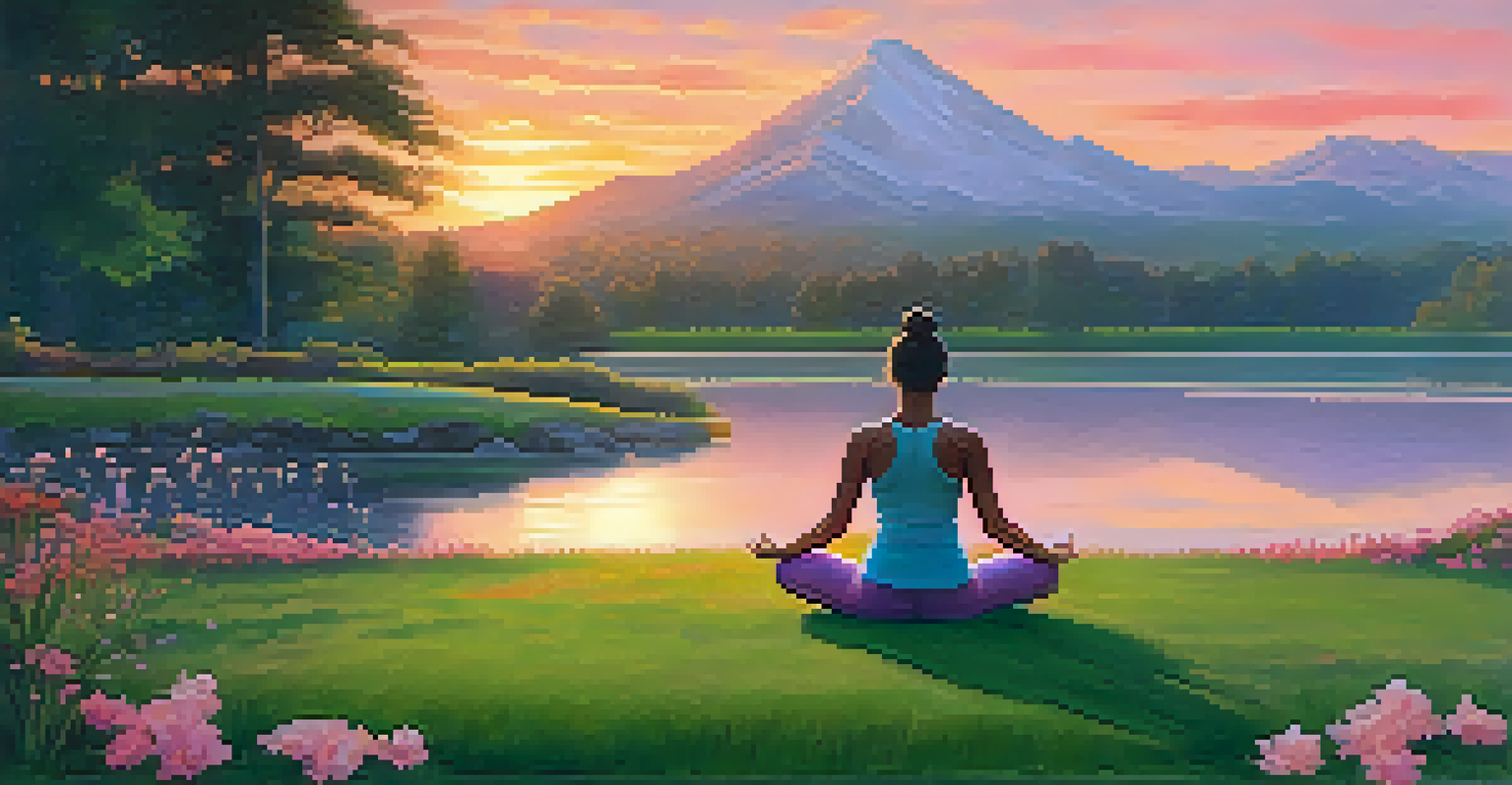 A person practicing yoga in a serene outdoor setting during sunset, with flowers and a lake in the background.