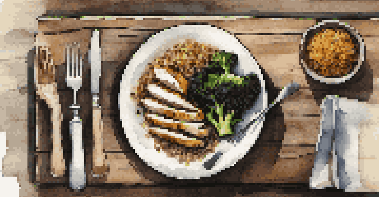 An overhead view of a balanced meal plate with chicken, quinoa, and broccoli on a rustic wooden table.