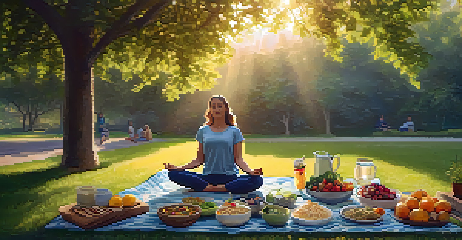 A person practicing yoga in a park with healthy foods on a picnic blanket nearby.