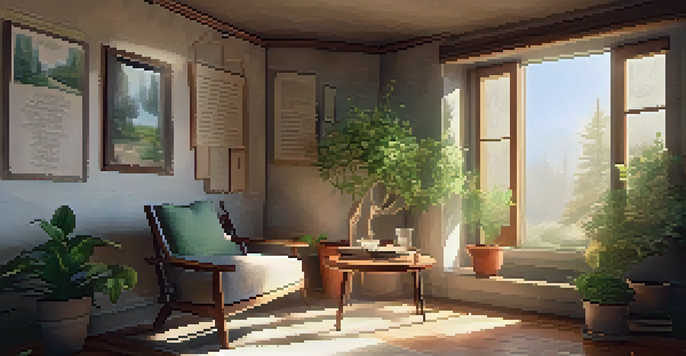 A cozy writing nook featuring a comfortable armchair and a small table with a cup of tea and an open journal in soft sunlight.