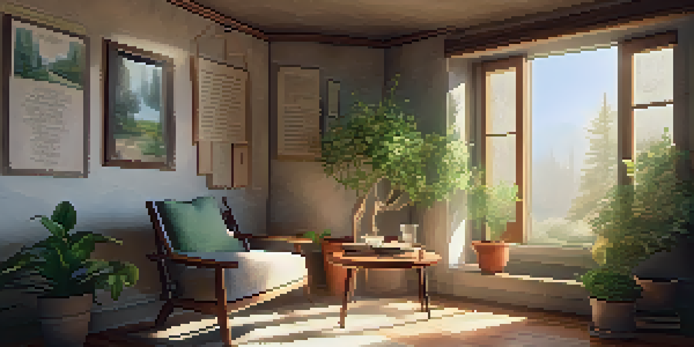 A cozy writing nook featuring a comfortable armchair and a small table with a cup of tea and an open journal in soft sunlight.
