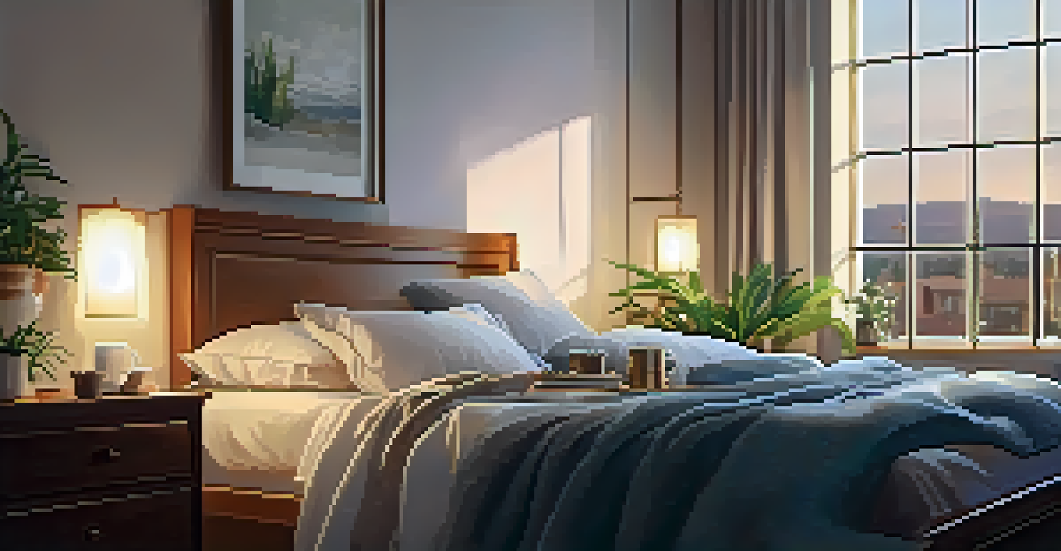 A bedroom scene with a person reading in bed, surrounded by pillows and soft lighting, promoting a peaceful atmosphere for restful sleep.