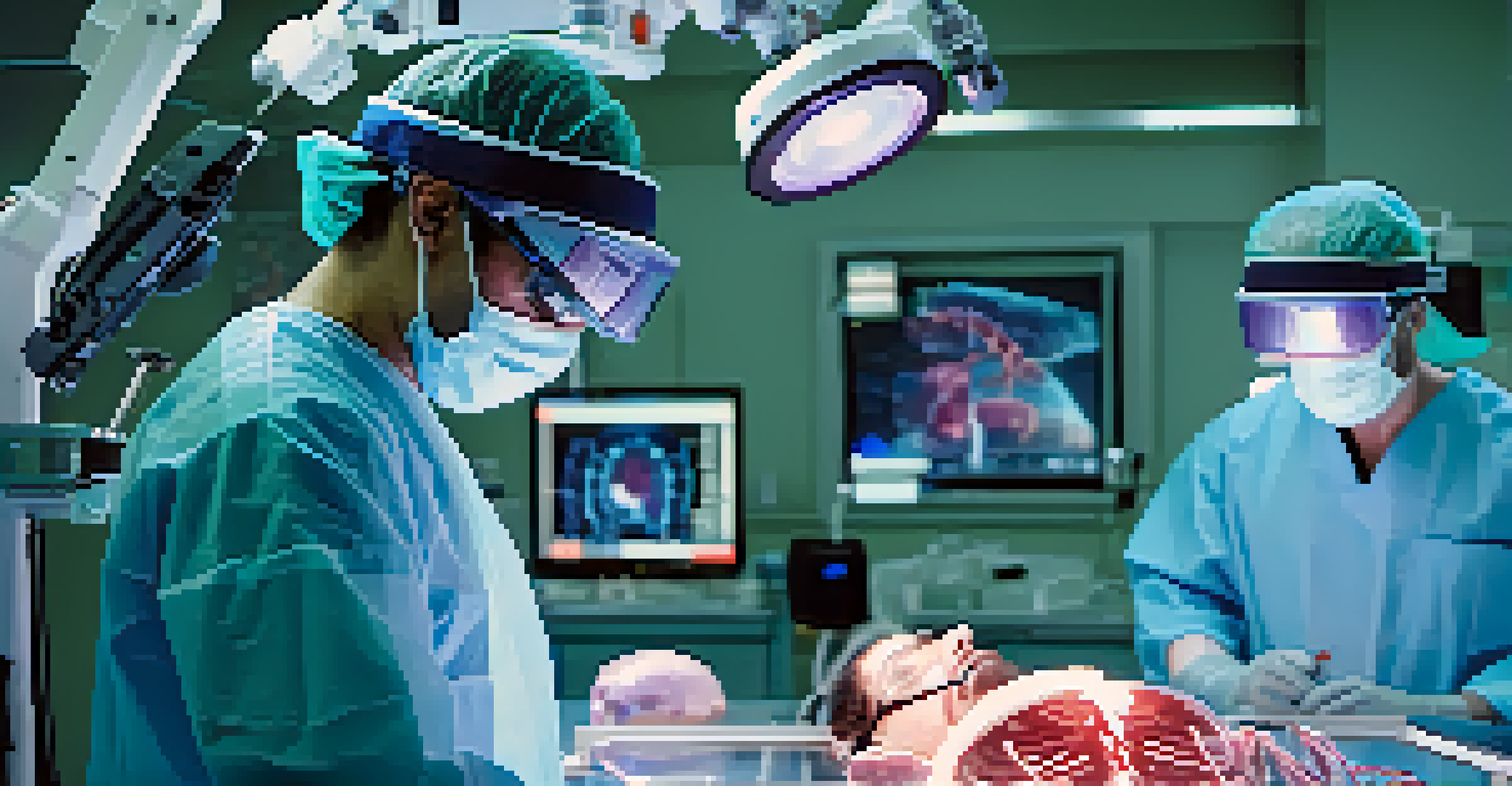 A surgeon using augmented reality glasses in an operating room, with a 3D holographic representation of anatomy visible.