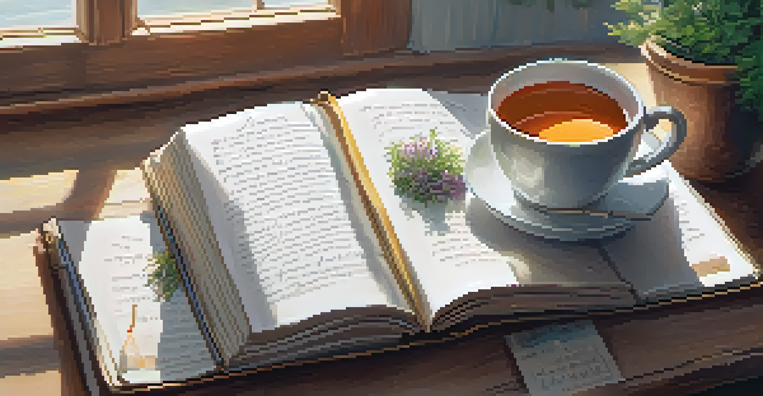 An open journal with handwritten affirmations and a cup of herbal tea on a wooden table, bathed in natural light.