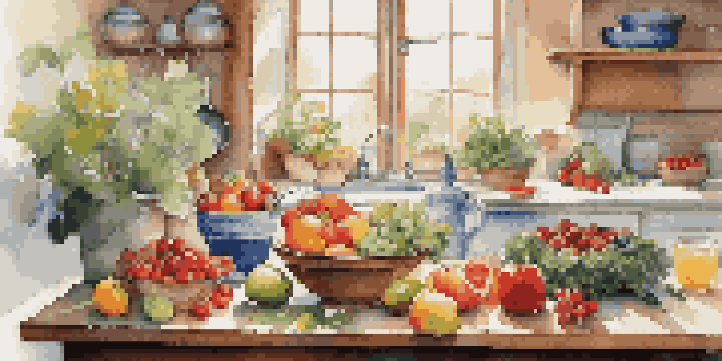 A bright kitchen with a wooden table filled with fresh fruits and vegetables, illuminated by soft morning light.