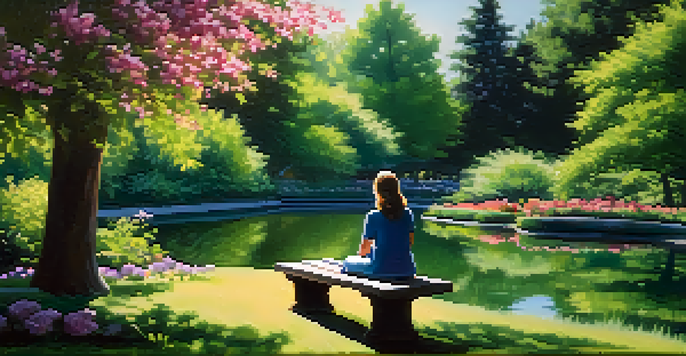A person meditating on a park bench, surrounded by greenery and flowers, with sunlight filtering through the trees.