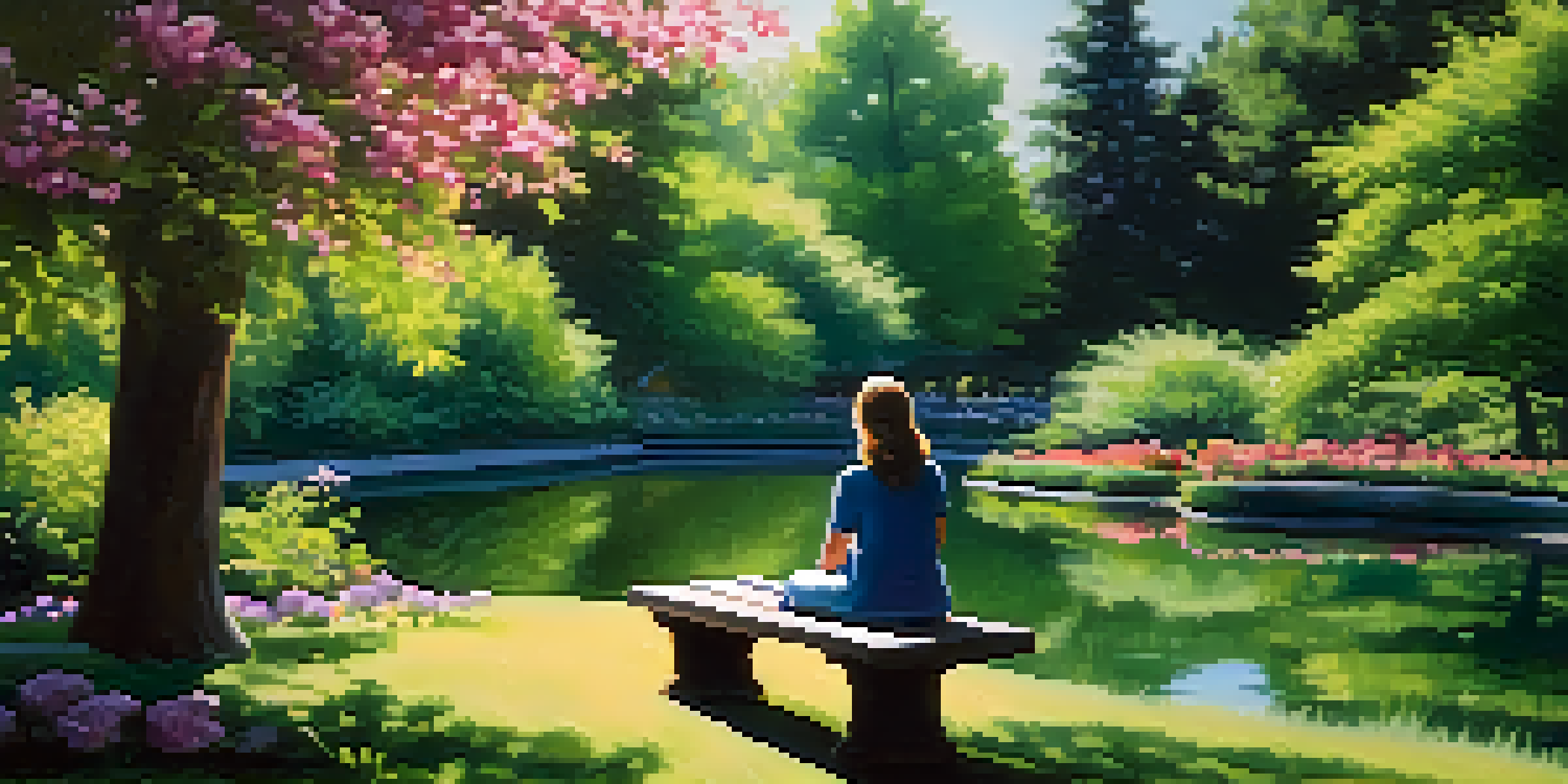 A person meditating on a park bench, surrounded by greenery and flowers, with sunlight filtering through the trees.