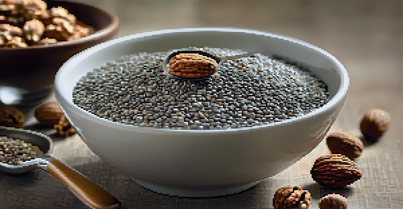 A bowl of chia seeds, flaxseeds, and walnuts with a spoon.