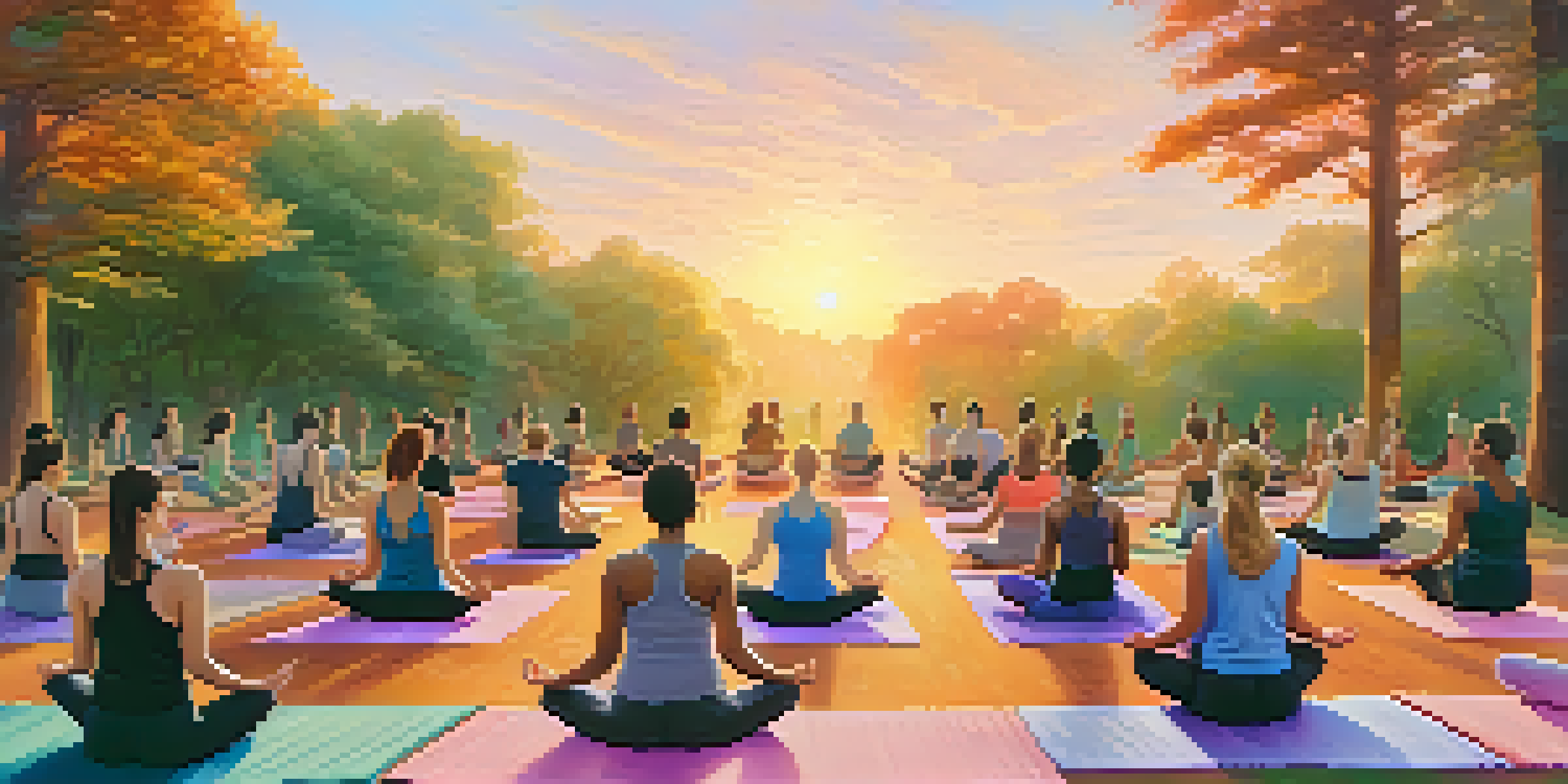 A diverse group of people practicing yoga outdoors at sunrise, surrounded by trees and soft sunlight.