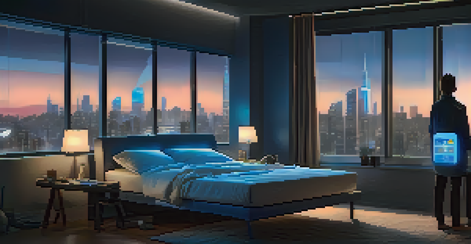A modern bedroom where a person uses a smartphone in bed, illuminated by blue light, with smart devices and a city skyline outside the window.