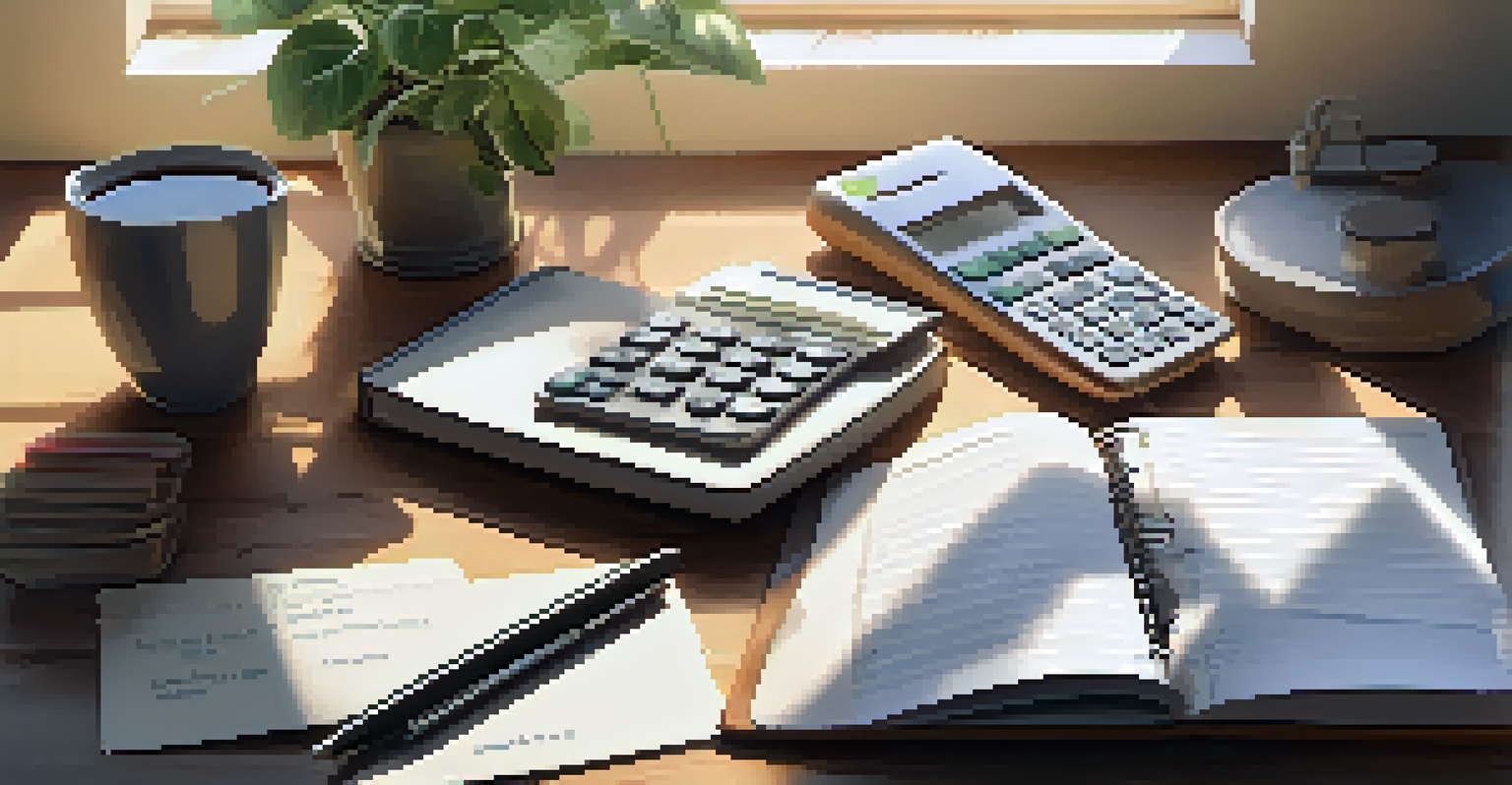 An organized workspace for budgeting, featuring a notebook, calculator, and a cup of tea.