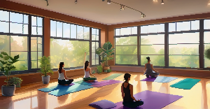 A yoga studio with people practicing yoga poses on colorful mats, surrounded by indoor plants and natural light.
