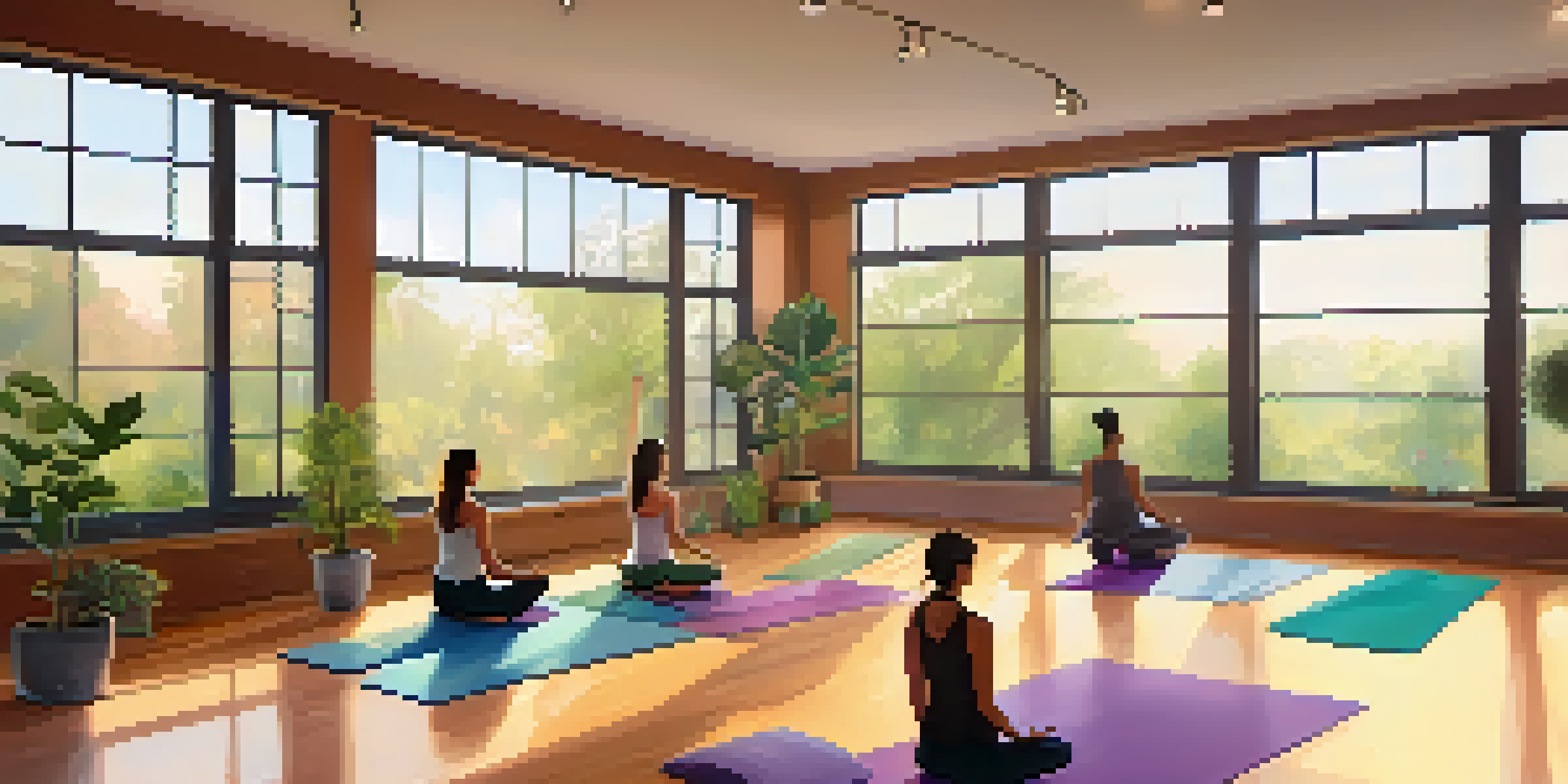 A yoga studio with people practicing yoga poses on colorful mats, surrounded by indoor plants and natural light.