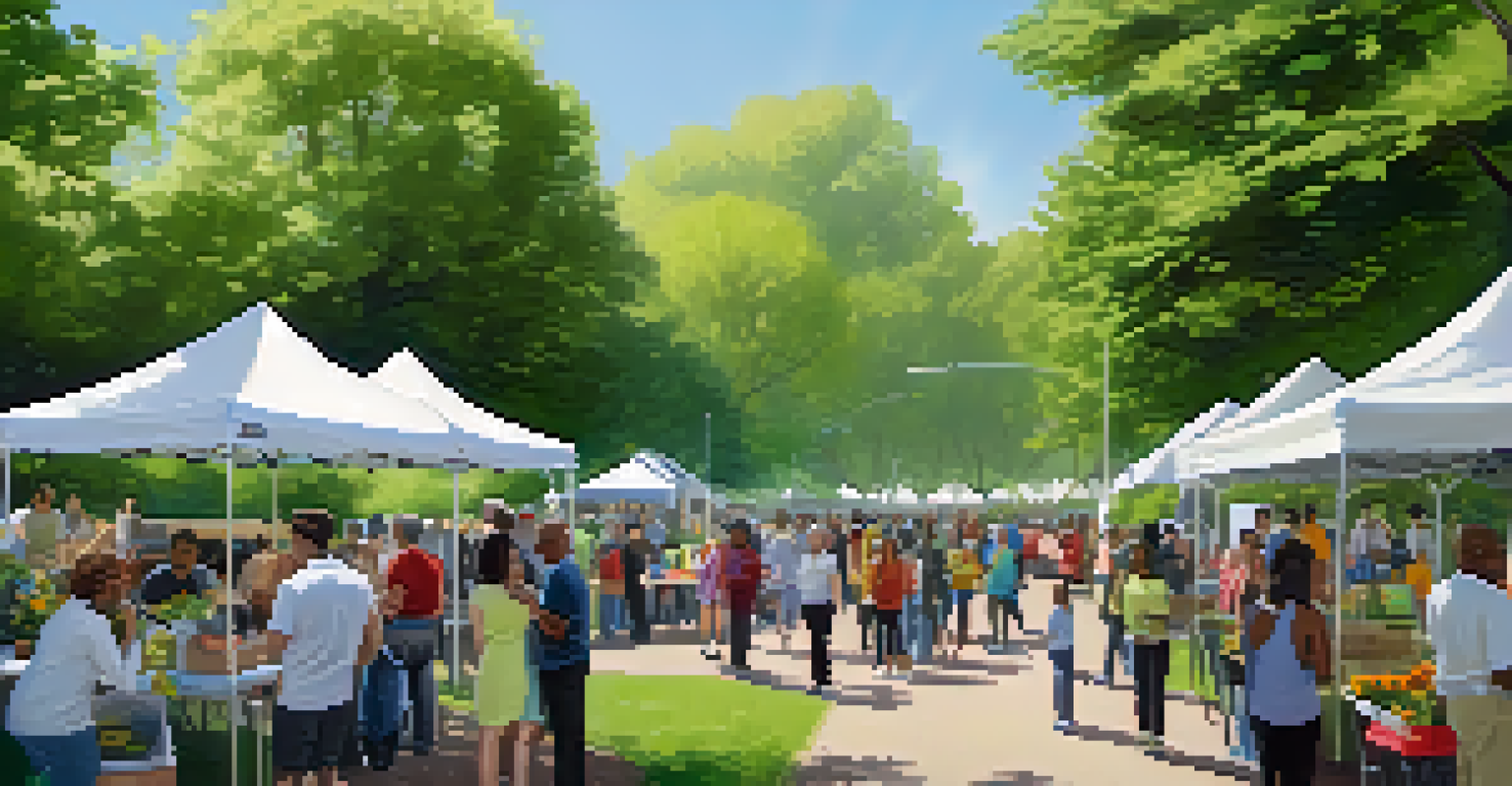 A sunny park scene with diverse individuals attending a health fair, interacting with stalls that provide health resources, surrounded by green trees and flowers.