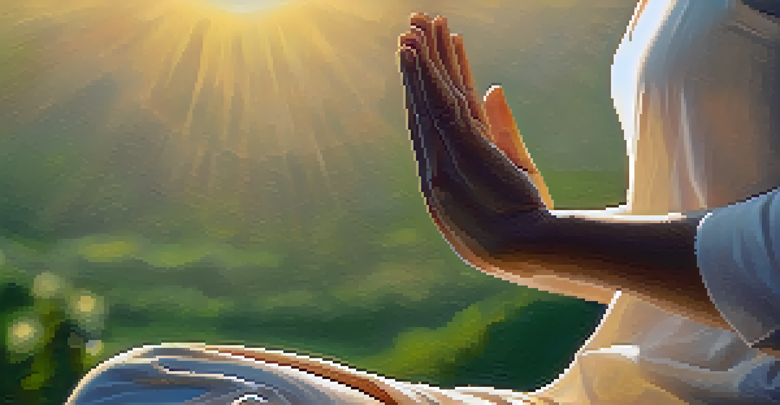A close-up of a person meditating outdoors with hands in a mudra position, surrounded by green scenery and a soft sunrise.