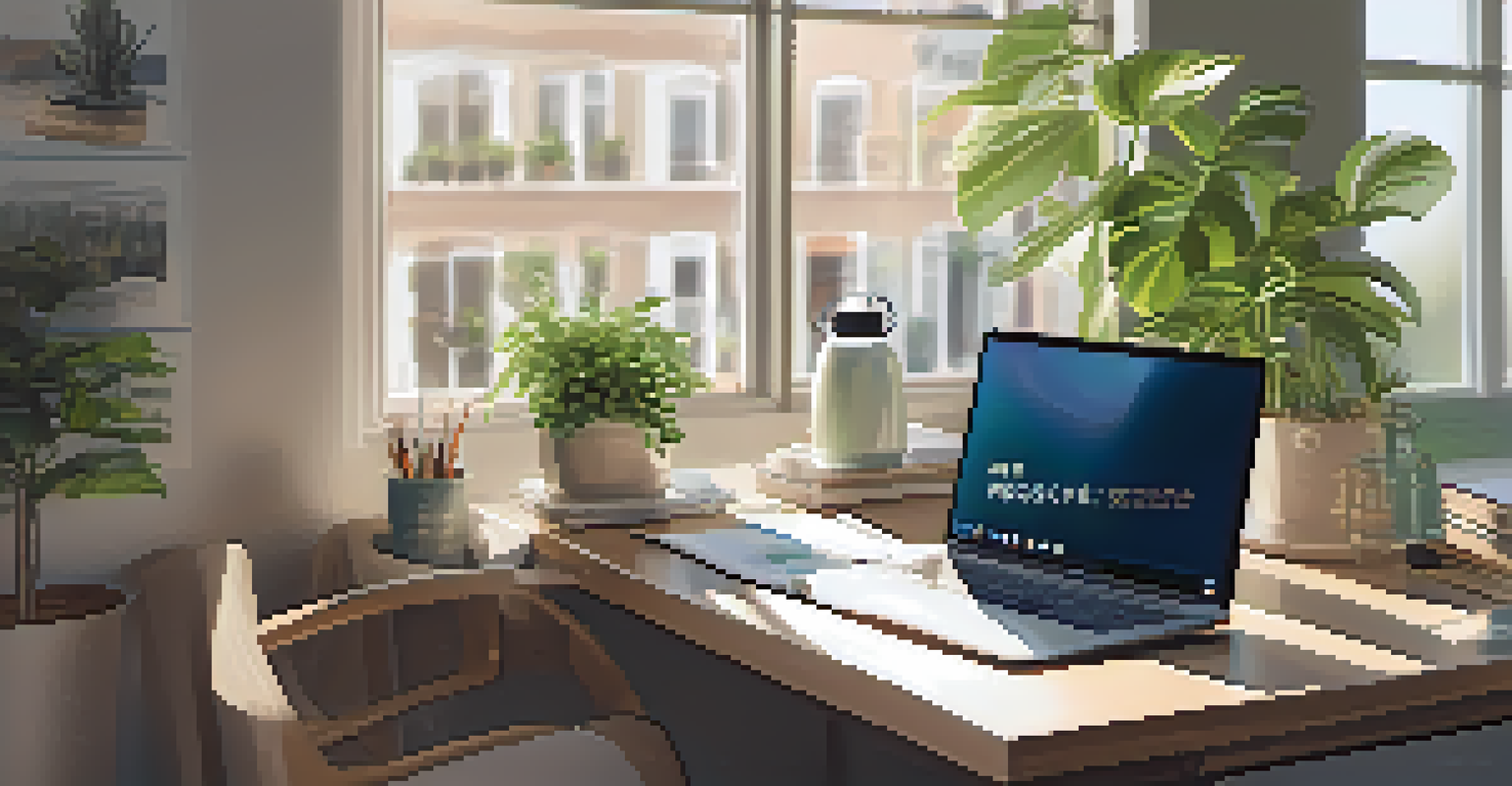 A person at a desk with a reusable water bottle, a notebook, and a laptop, with soft morning light illuminating the workspace.