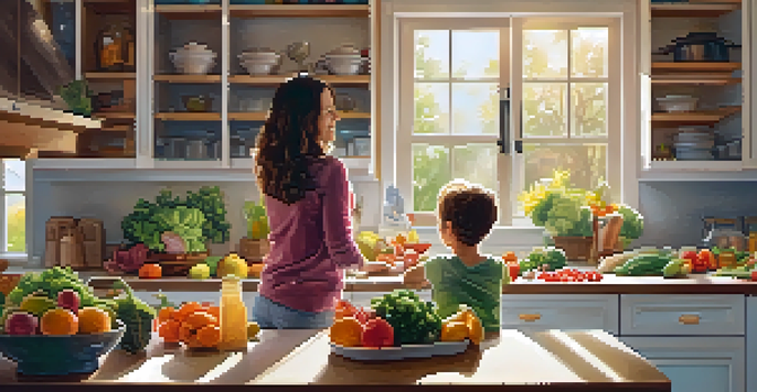 A vibrant kitchen scene where a child helps a parent prepare healthy meals, showcasing fresh fruits and vegetables.