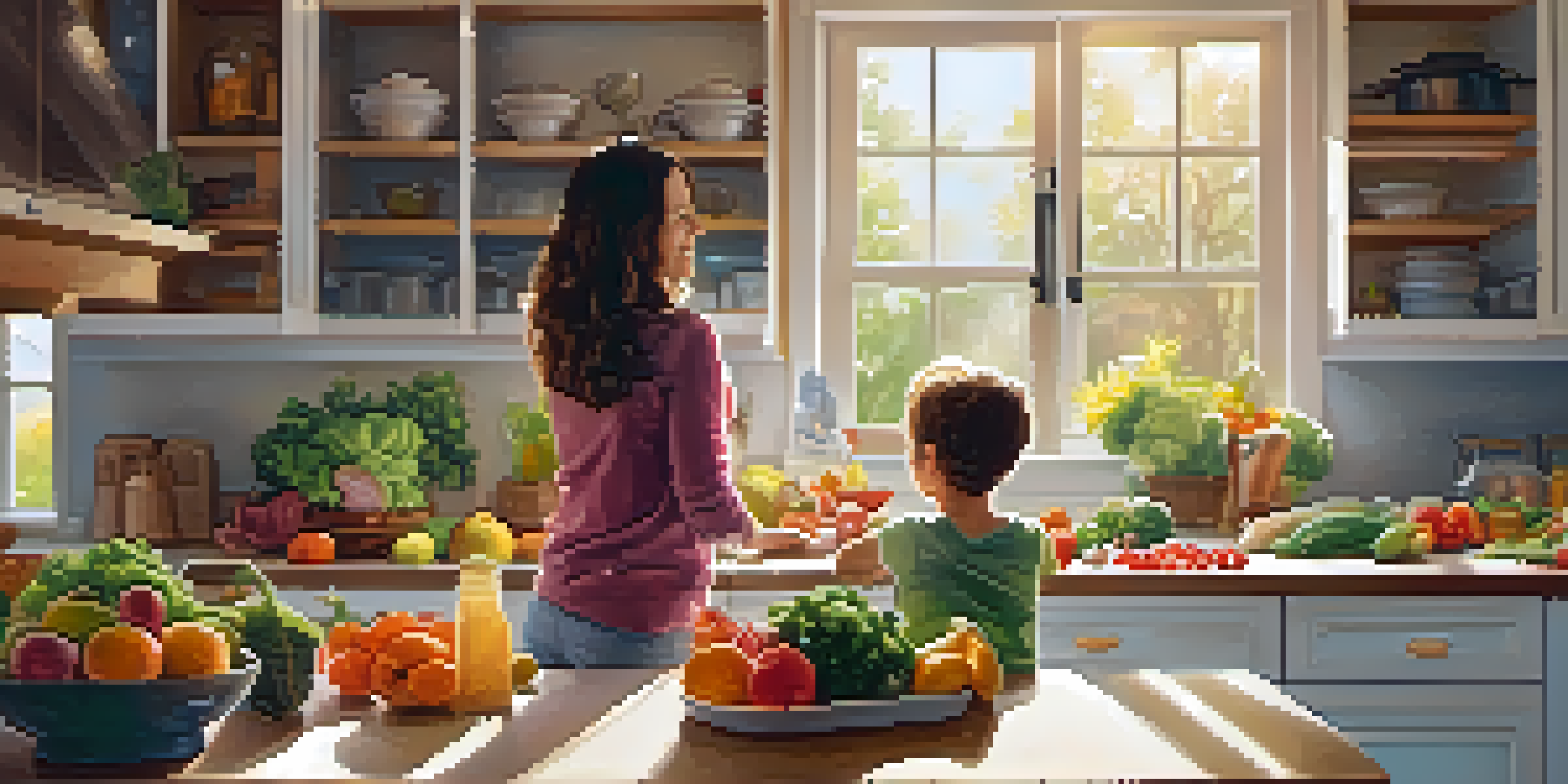 A vibrant kitchen scene where a child helps a parent prepare healthy meals, showcasing fresh fruits and vegetables.