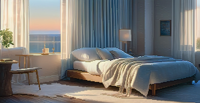 A peaceful bedroom with a person practicing body scan meditation on a cozy bed, surrounded by soft lighting and calming colors.