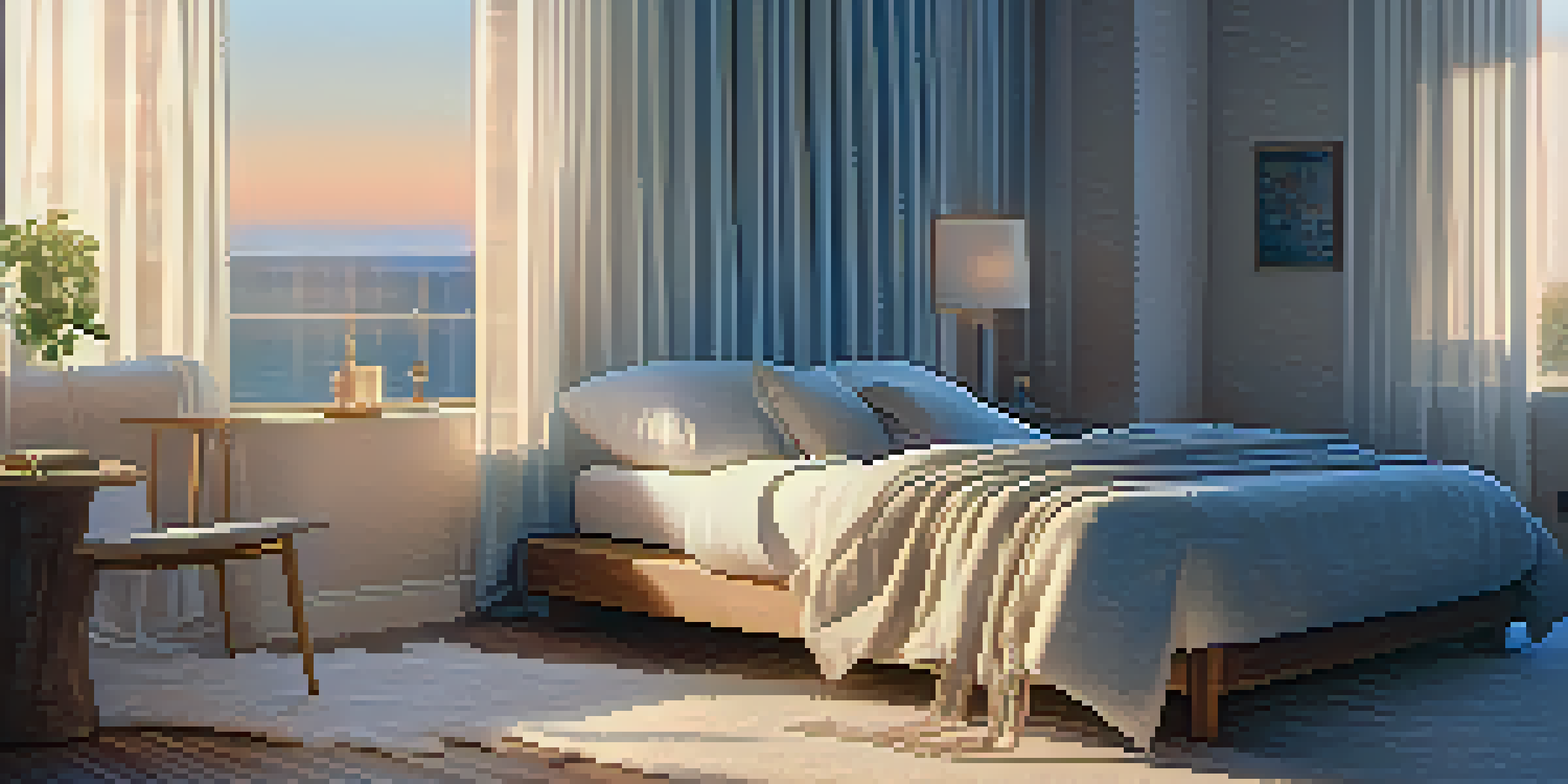 A peaceful bedroom with a person practicing body scan meditation on a cozy bed, surrounded by soft lighting and calming colors.