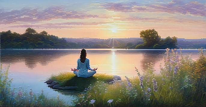 A person practicing yoga by a peaceful lake at sunset, with soft pastel colors in the sky and reflections on the water.