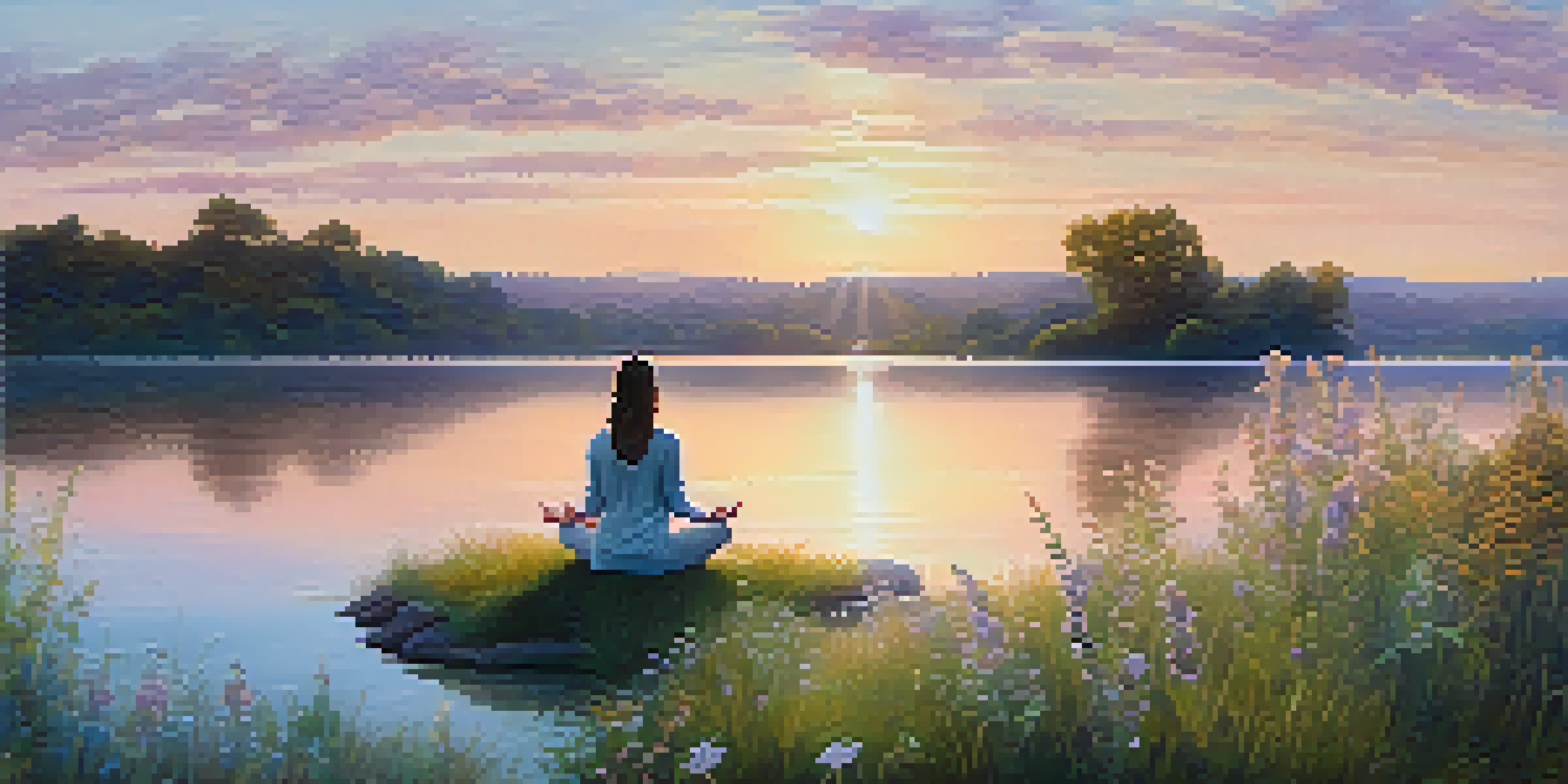 A person practicing yoga by a peaceful lake at sunset, with soft pastel colors in the sky and reflections on the water.