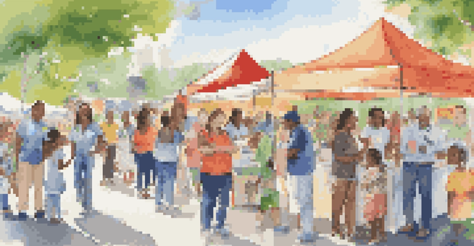 A lively health fair with families and health professionals discussing vaccination information, surrounded by colorful banners and greenery.