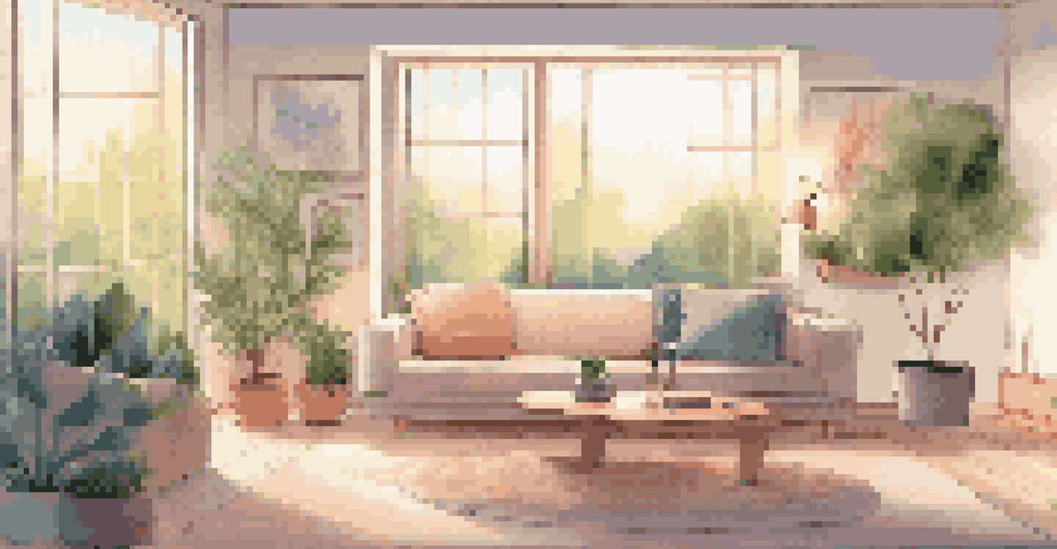 A modern living room with a cozy sofa, soft lighting, and a speaker playing nature sounds, surrounded by plants and calming decor.
